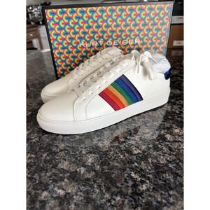 Kurt Geiger London Mens 9.5 White Leather Rainbow Stripe Low Top Sneakers Shoes